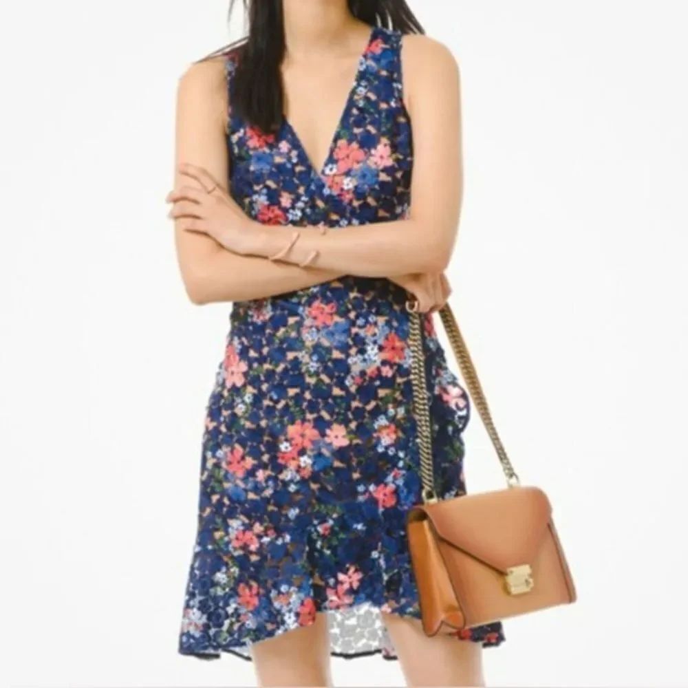 🌸 Michael Kors Navy-Peach lined Floral Lace Dress NWT sz 10 💙🌺